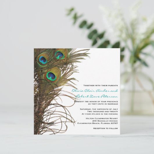 Elegant Simple Peacock Feathers Wedding Einladung (Stehend Vorderseite)