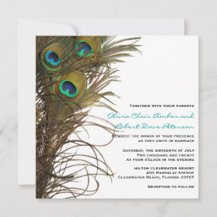 Elegant Simple Peacock Feathers Wedding Einladung