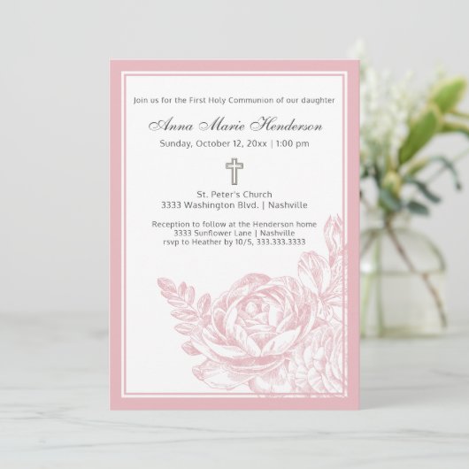 Elegant Simple Pink Floral First Holy Communion Einladung (Stehend Vorderseite)