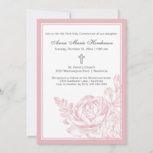 Elegant Simple Pink Floral First Holy Communion Einladung