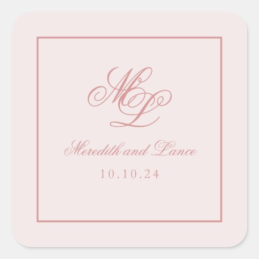 Elegant Simple Pink Monogram Quadratischer Aufkleber (Vorderseite)