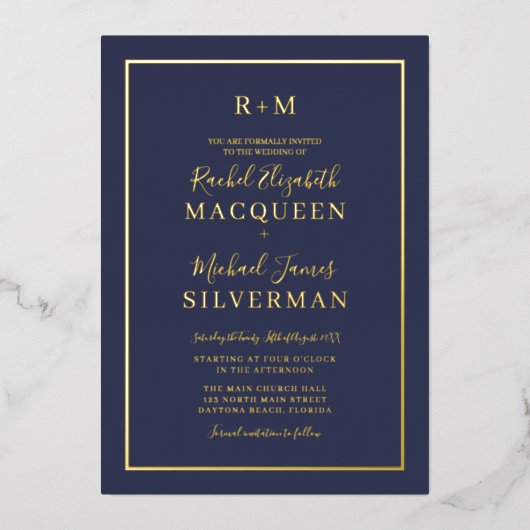 Elegant Simple Real Gold Border Navy Blue Wedding Folieneinladung (Vorderseite)