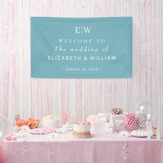 Elegant Simple Retro Blue mit Monogram Wedding Banner (Party)