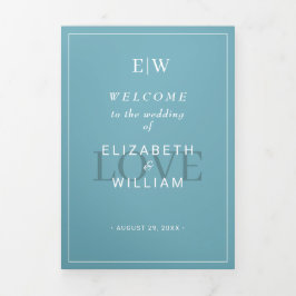 Elegant Simple Retro Blue mit Monogram Wedding Dreifach-gefaltete Programmkarte
