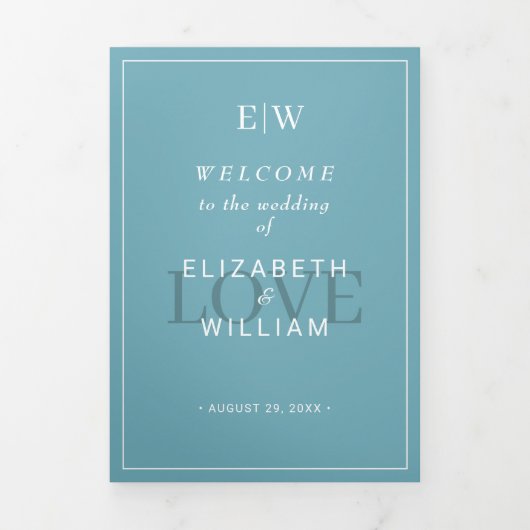 Elegant Simple Retro Blue mit Monogram Wedding Dreifach-gefaltete Programmkarte (Cover)