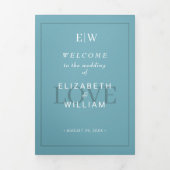 Elegant Simple Retro Blue mit Monogram Wedding Dreifach-gefaltete Programmkarte (Cover)