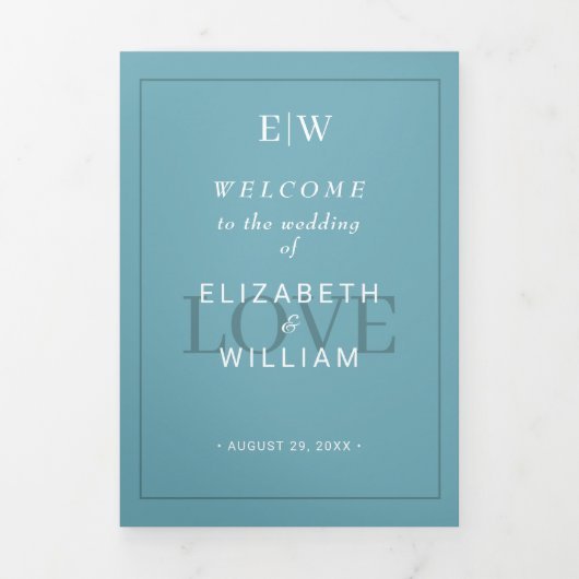 Elegant Simple Retro Blue mit Monogram Wedding Dreifach-gefaltete Programmkarte (Cover)