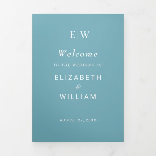 Elegant Simple Retro Blue mit Monogram Wedding Dreifach-gefaltete Programmkarte (Cover)
