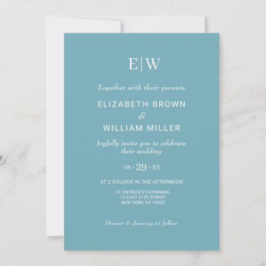 Elegant Simple Retro Blue mit Monogram Wedding Einladung (Vorderseite)