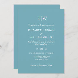 Elegant Simple Retro Blue mit Monogram Wedding Einladung