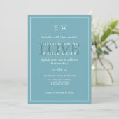 Elegant Simple Retro Blue mit Monogram Wedding Einladung (Stehend Vorderseite)