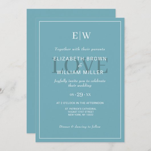 Elegant Simple Retro Blue mit Monogram Wedding Einladung (Vorne/Hinten)
