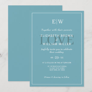 Elegant Simple Retro Blue mit Monogram Wedding Einladung