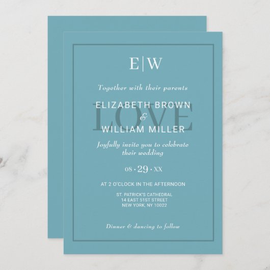 Elegant Simple Retro Blue mit Monogram Wedding Einladung (Vorne/Hinten)