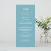 Elegant Simple Retro Blue mit Monogram Wedding Menükarte (Stehend Vorderseite)