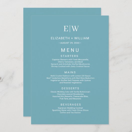 Elegant Simple Retro Blue mit Monogram Wedding Menükarte (Vorne/Hinten)