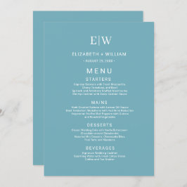 Elegant Simple Retro Blue mit Monogram Wedding Menükarte