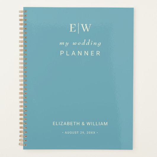 Elegant Simple Retro Blue mit Monogram Wedding Planer (Vorderseite)