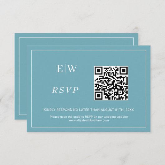 Elegant Simple Retro Blue mit Monogram Wedding RSVP Karte (Vorne/Hinten)