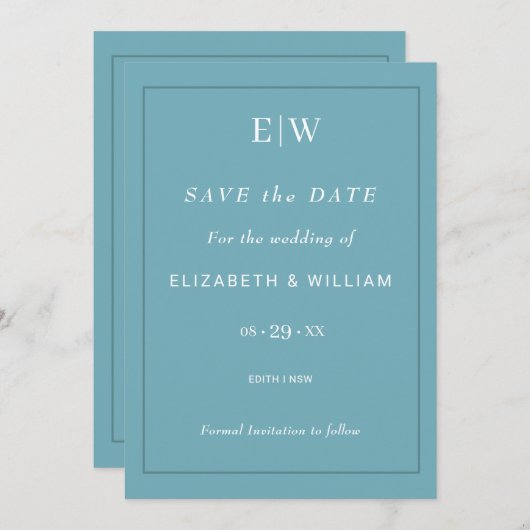 Elegant Simple Retro Blue mit Monogram Wedding Save The Date (Vorne/Hinten)