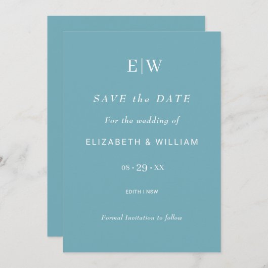 Elegant Simple Retro Blue mit Monogram Wedding Save The Date (Vorne/Hinten)