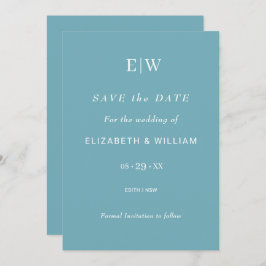 Elegant Simple Retro Blue mit Monogram Wedding Save The Date