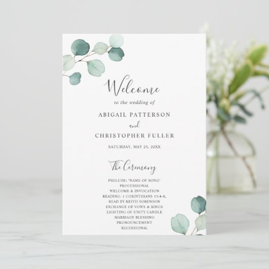 Elegant Simple Sage Greenery Eucalyptus Wedding Programm (Stehend Vorderseite)