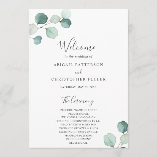 Elegant Simple Sage Greenery Eucalyptus Wedding Programm (Vorderseite)