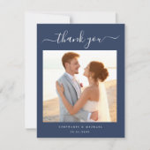 Elegant Simple Script 2 Foto Wedding Blue Dankeskarte (Vorderseite)