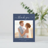 Elegant Simple Script 2 Foto Wedding Blue Dankeskarte (Stehend Vorderseite)
