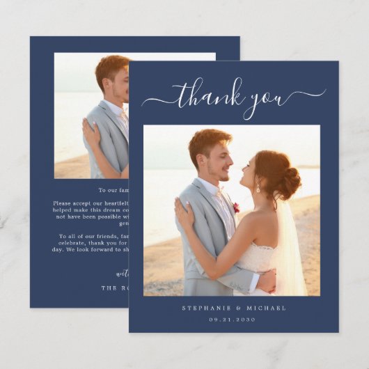 Elegant Simple Script 2 Foto Wedding Blue Dankeskarte (Vorne/Hinten)
