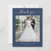 Elegant Simple Script 2 Foto Wedding Blue Dankeskarte (Vorderseite)