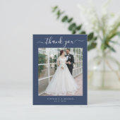 Elegant Simple Script 2 Foto Wedding Blue Dankeskarte (Stehend Vorderseite)