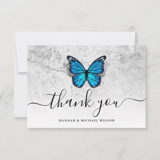 Elegant Simple Script Blue Butterfly Dankeskarte (Vorderseite)