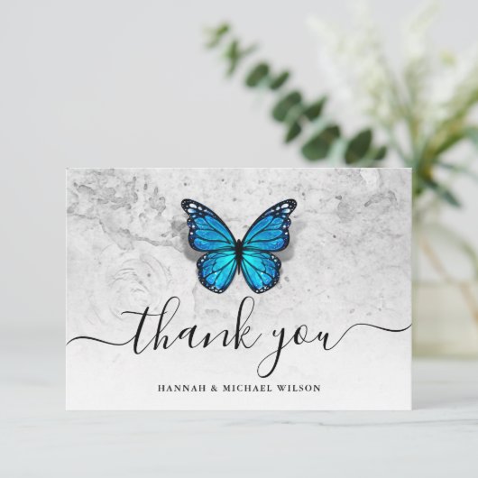 Elegant Simple Script Blue Butterfly Dankeskarte (Stehend Vorderseite)
