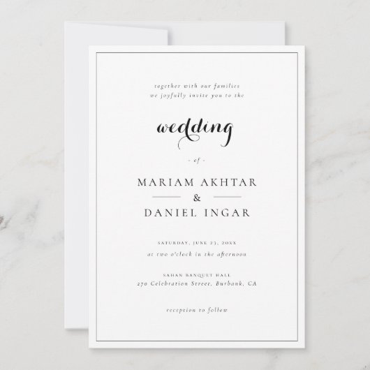 Elegant Simple Script Calligraphy White Wedding Einladung (Vorderseite)