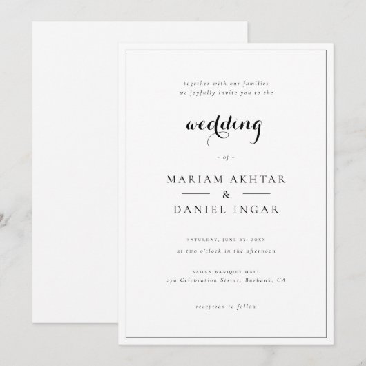 Elegant Simple Script Calligraphy White Wedding Einladung (Vorne/Hinten)