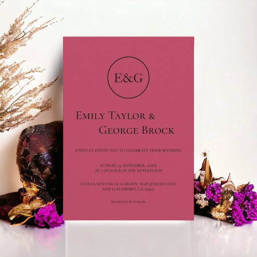 Elegant Simple Script Magenta Monogram Wedding Einladung
