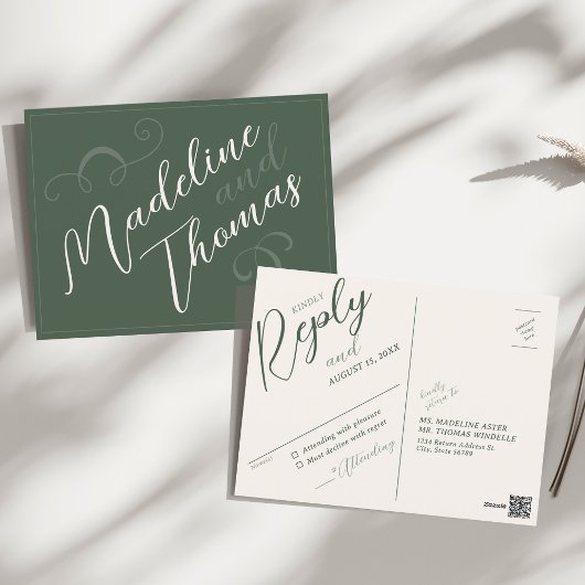 Elegant Simple Script Sage Green Wedding RSVP Postkarte