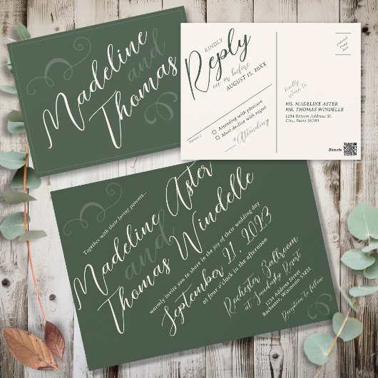 Elegant Simple Script Sage Green Wedding RSVP Postkarte