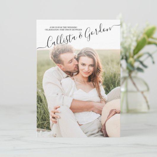 Elegant Simple Scripted Foto Collage Wedding Einladung (Stehend Vorderseite)