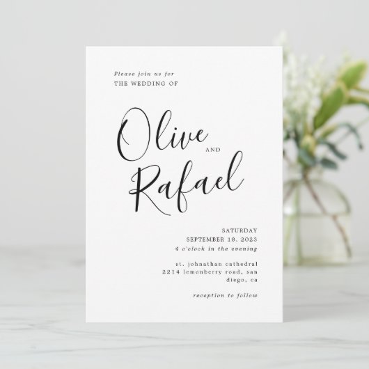 Elegant Simple Wedding Black Kalligraphie Einladung (Stehend Vorderseite)