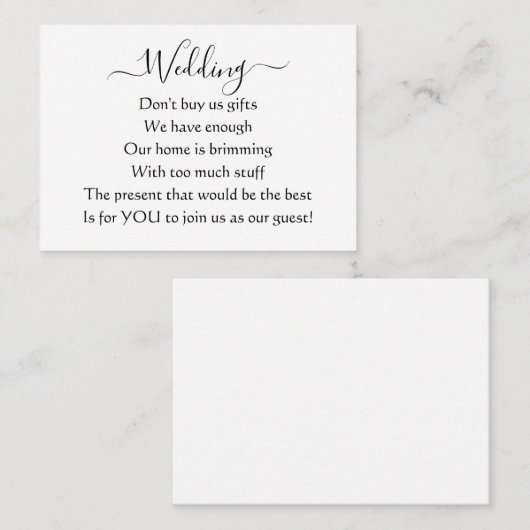 Elegant Simple Wedding No Gifts Gedicht Begleitkarte (Vorne/Hinten)