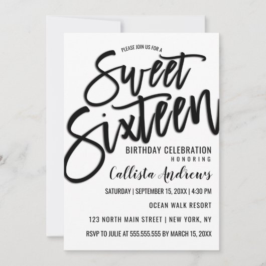 Elegant Simple White and Black Typografy Sweet 16 Einladung (Vorderseite)