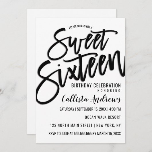 Elegant Simple White and Black Typografy Sweet 16 Einladung (Vorne/Hinten)
