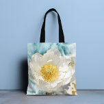 Elegant Simple White Blume Luxury Gold Wasserfarbe Tasche<br><div class="desc">Elegante Simple White Blume Luxury Gold Watercolor Tragetaschen zeichnen sich durch eine schlichte,  weiße Blume mit stilvollen Goldfolienakzenten auf einem weichen,  blauen Aquarellhintergrund aus. Perfektes Geschenk für Muttertag,  Geburtstag,  Weihnachten,  Lehrergewinn und beste Freunde. Entworfen von ©Evco Studio www.zazzle.com/store/evcostudio</div>