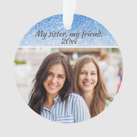 Elegant Sister Blue Glitzer 2 Seite 2 Foto Ornament (Vorderseite)