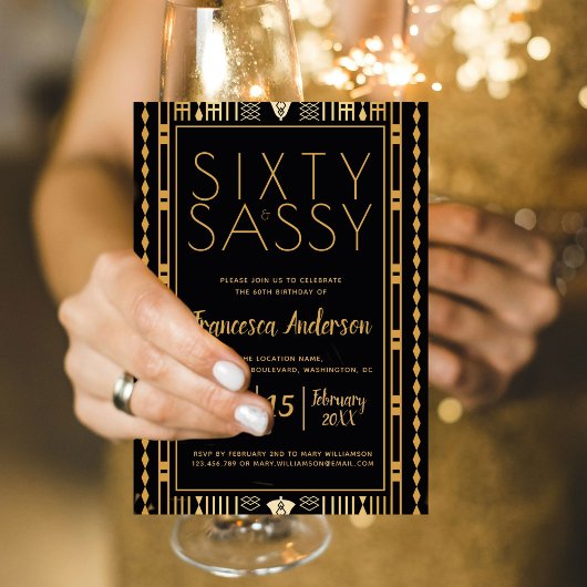 Elegant Sixty and Sassy Black Gold Art Deco 60th Einladung