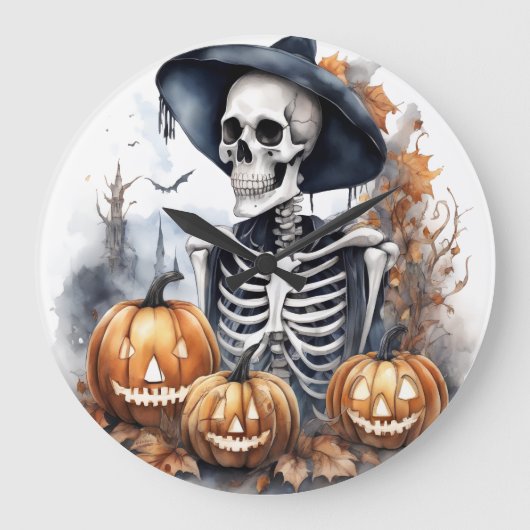 Elegant Skeleton Halloween Wassercolor Große Wanduhr (Vorderseite)
