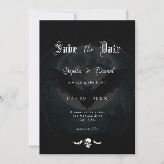 Elegant Skull Bats Mondlicht Hochzeitgotik Schwarz Save The Date (Vorderseite)